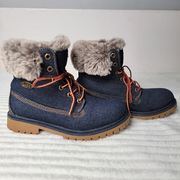 Lugz Faux Fur Lined Denim Look Boots Womens 7 Cozy Winter Lace Up Rugged Warm - Picture 1 of 9
